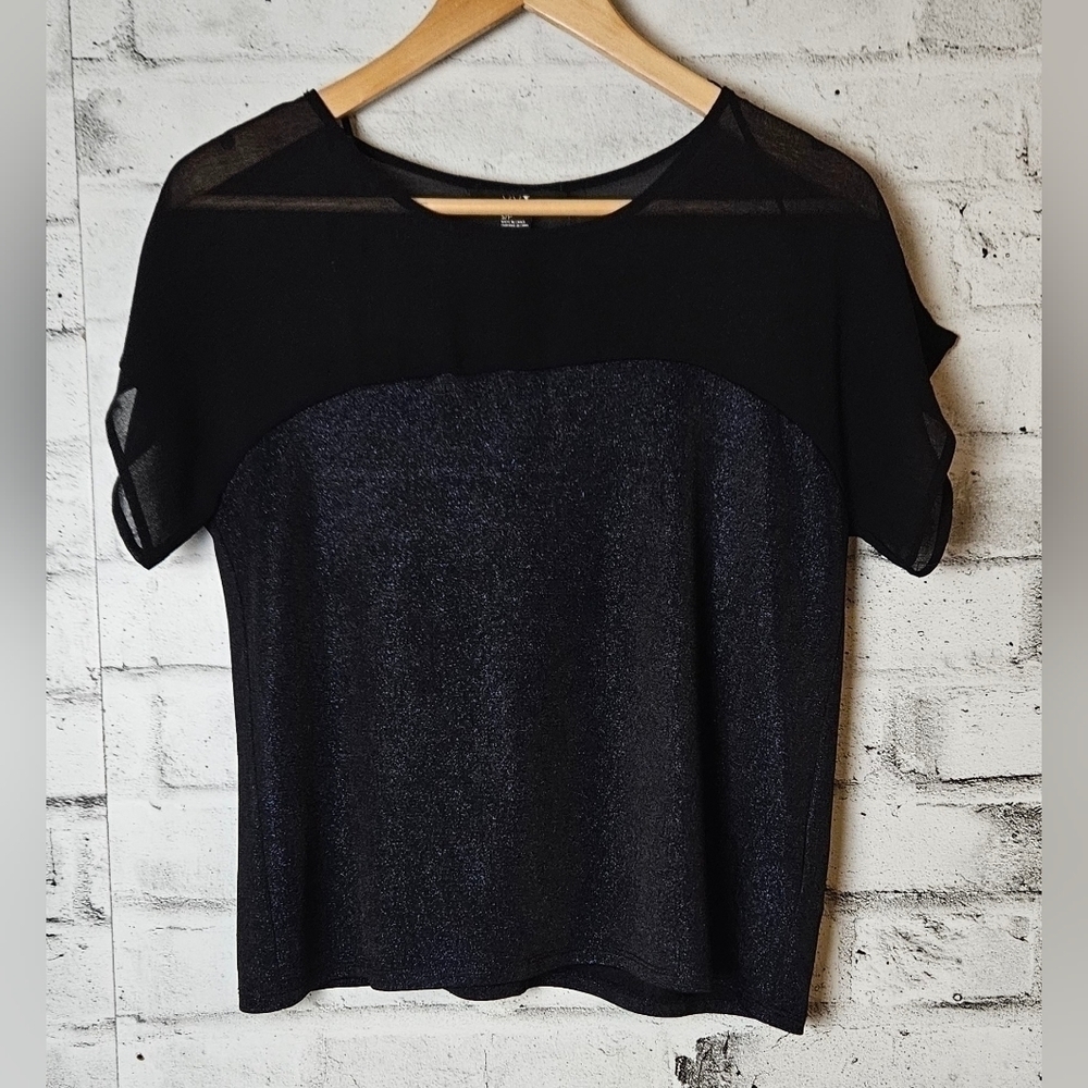 XXI Mesh Shoulder Shimmer Black Top Short Sleeve Size Small